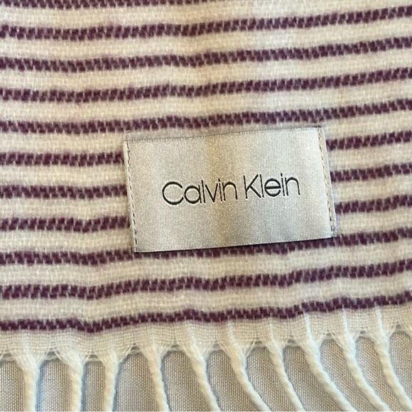 Calvin Klein CK Plum Wine Tan Stripe Oversized Scarf Blanket Shawl SOFT 78x24” - Picture 14 of 16